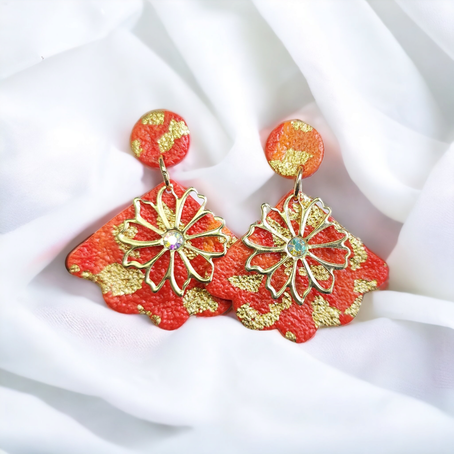 Handmade fall orange and gold polymer clay earrings