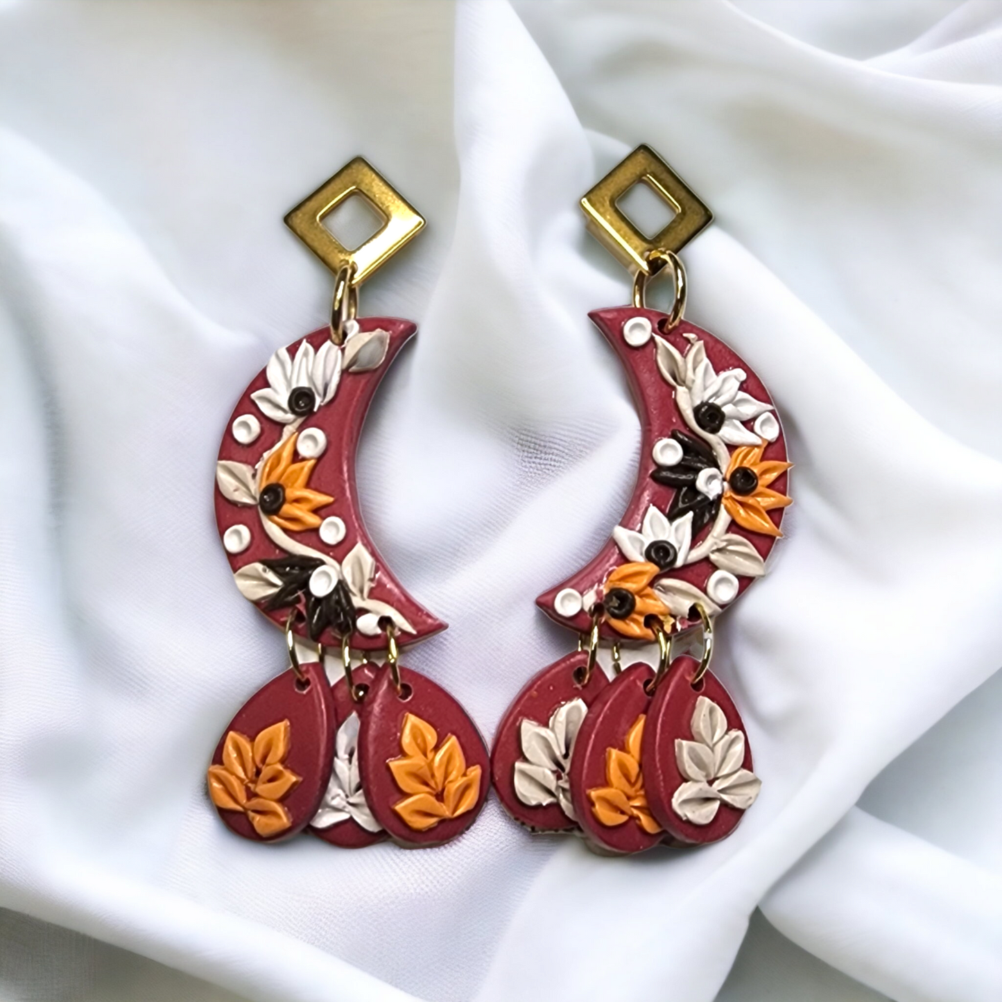 Handmade fall moon and flowers polymer clay earrings