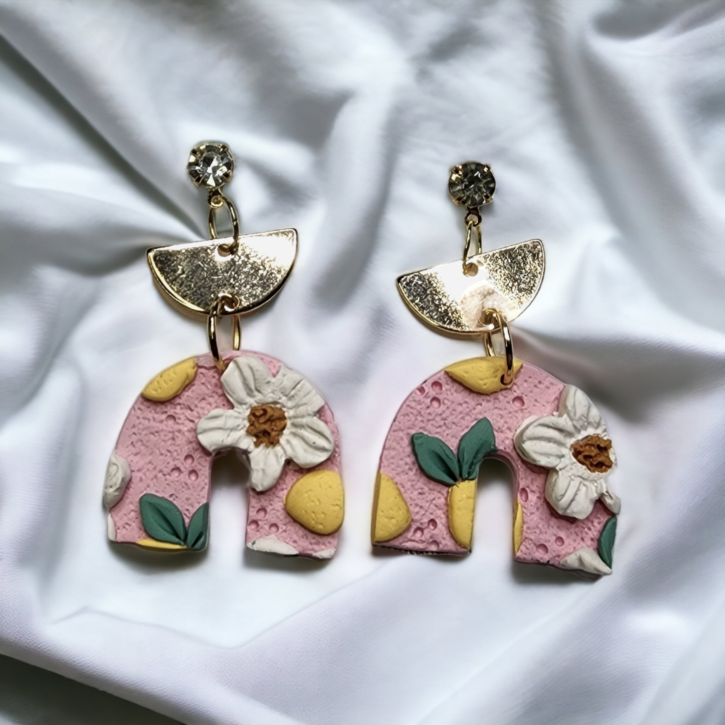 Handmade lemon and white flower polymer clay earrings