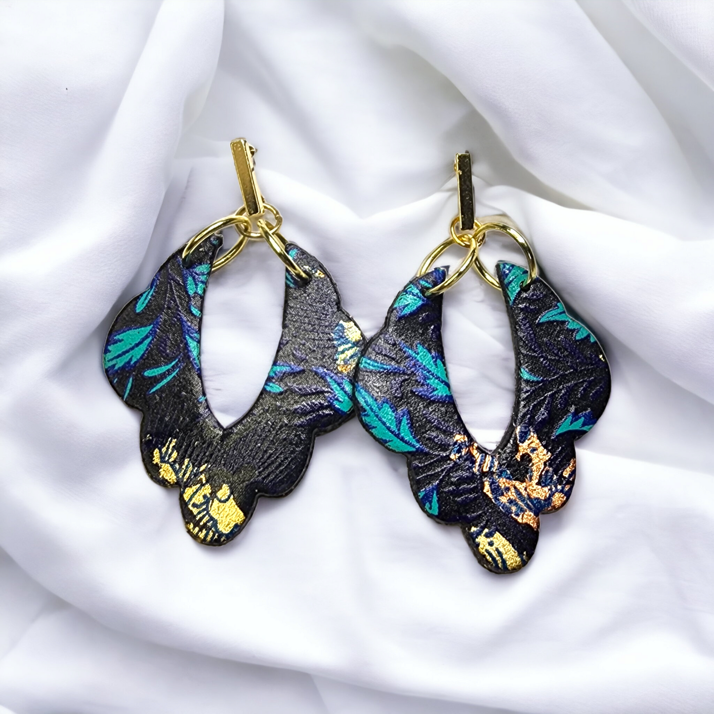 Handmade Blue formal design on black and gold background polymer flat earrings