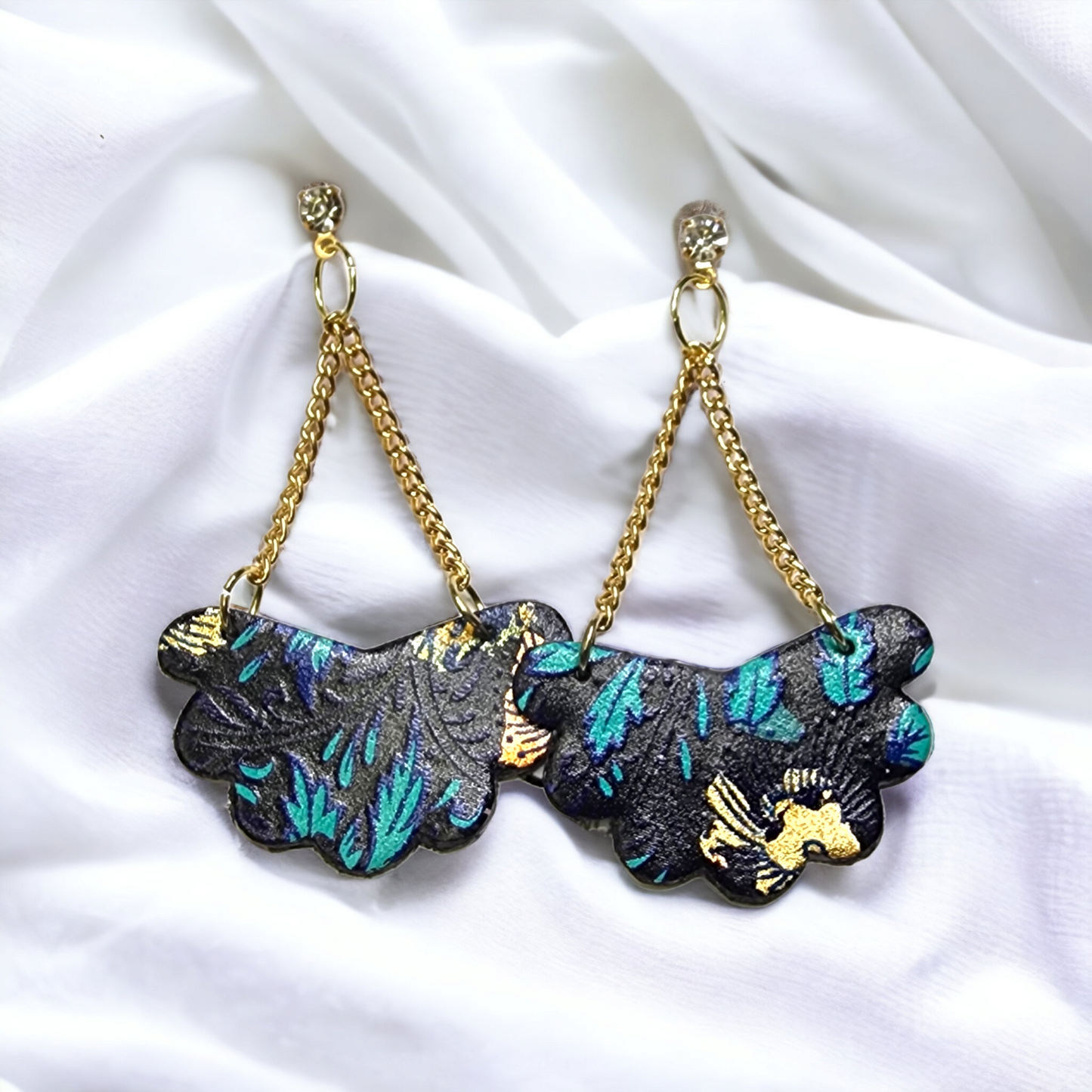 Handmade Blue formal design on black and gold background polymer flat earrings