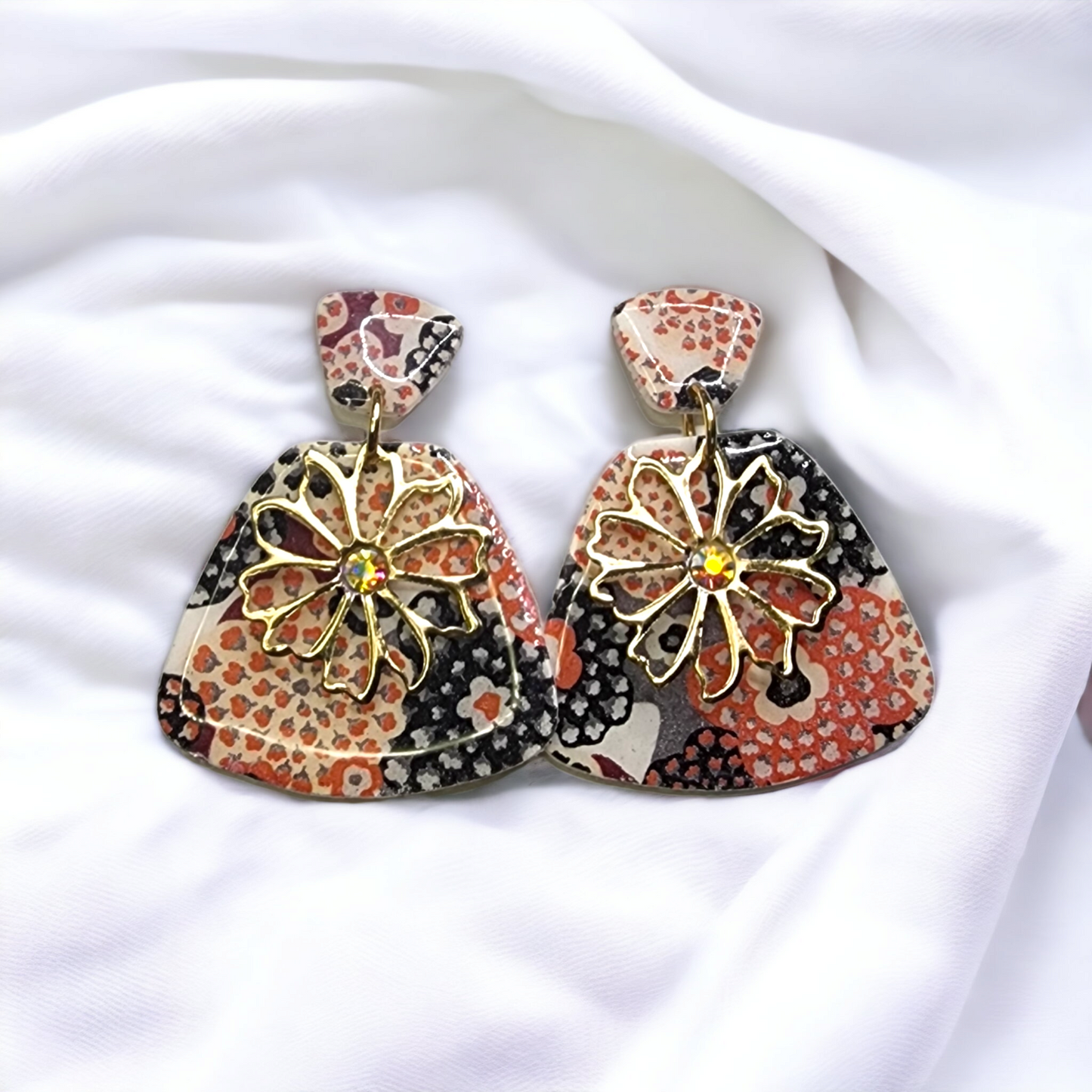 Handmade fall floral and gold polymer clay earrings