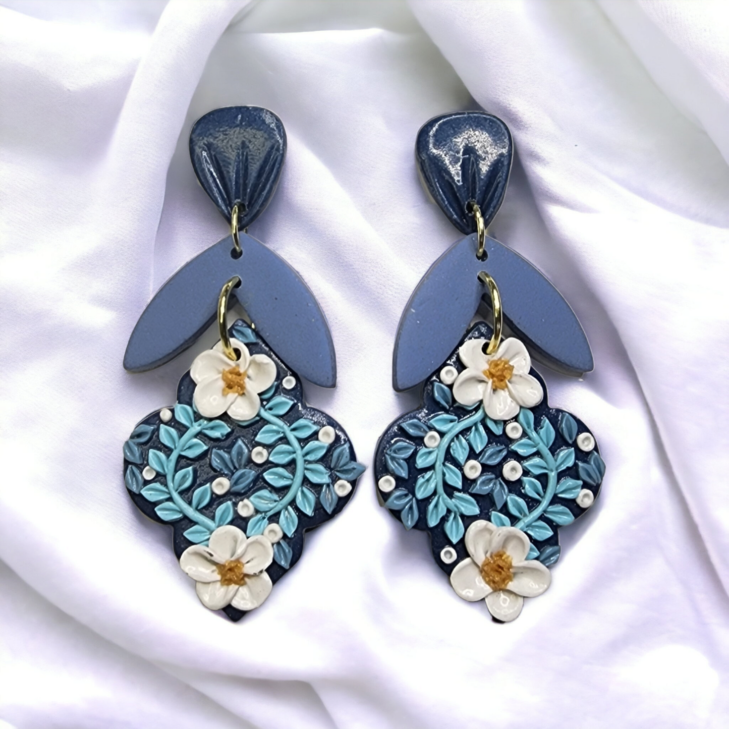 Handmade blue with white flower polymer clay earrings