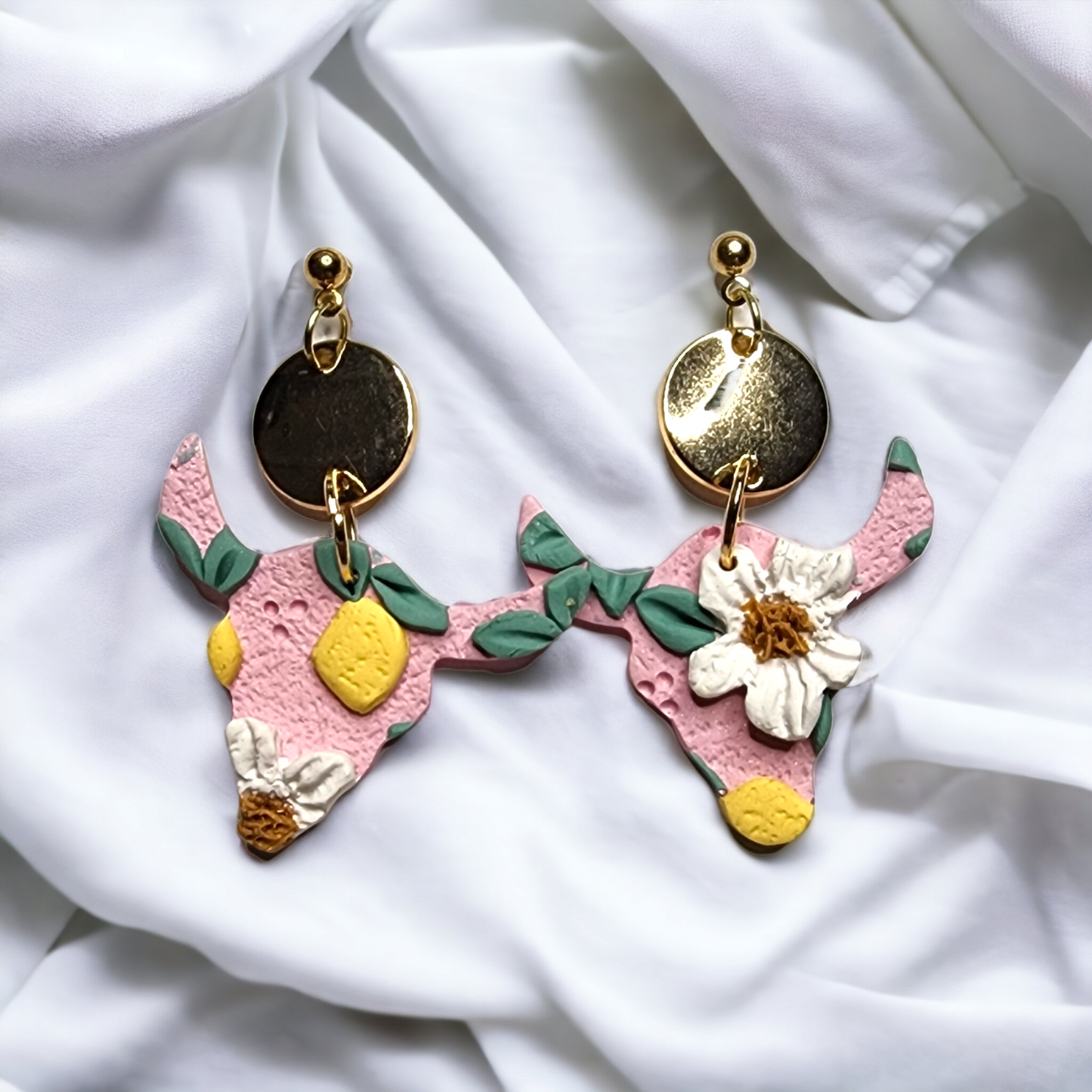Handmade lemon and white flower polymer clay earrings
