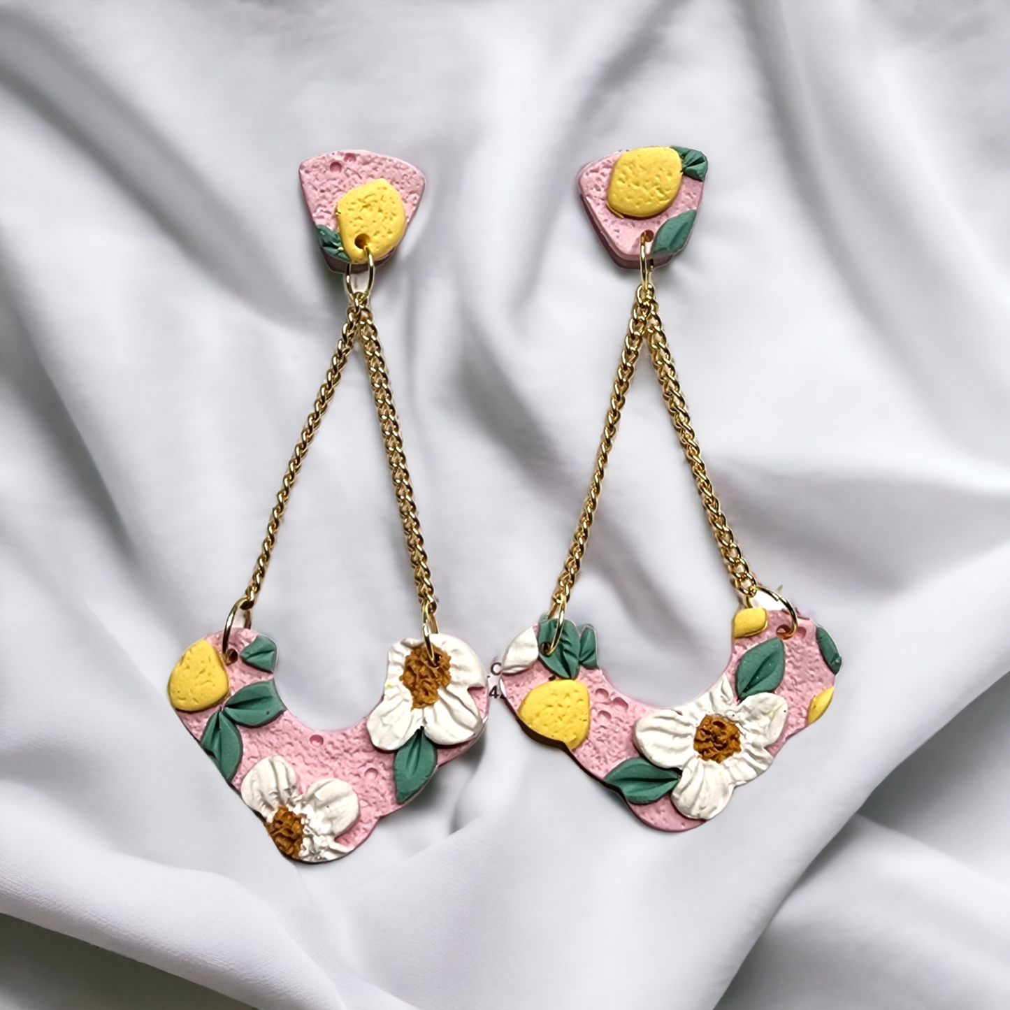 Handmade lemon and white flower polymer clay earrings