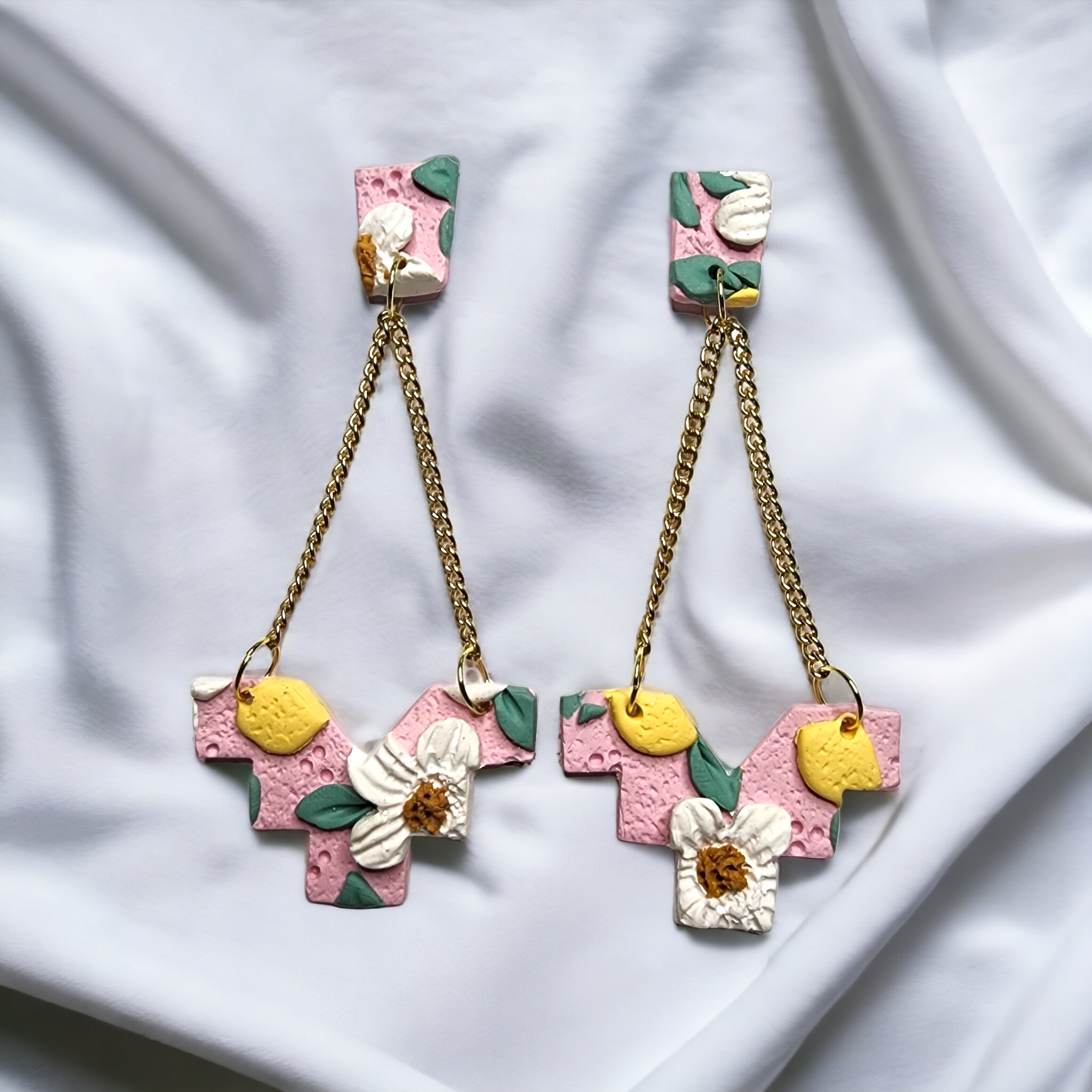 Handmade lemon and white flower polymer clay earrings