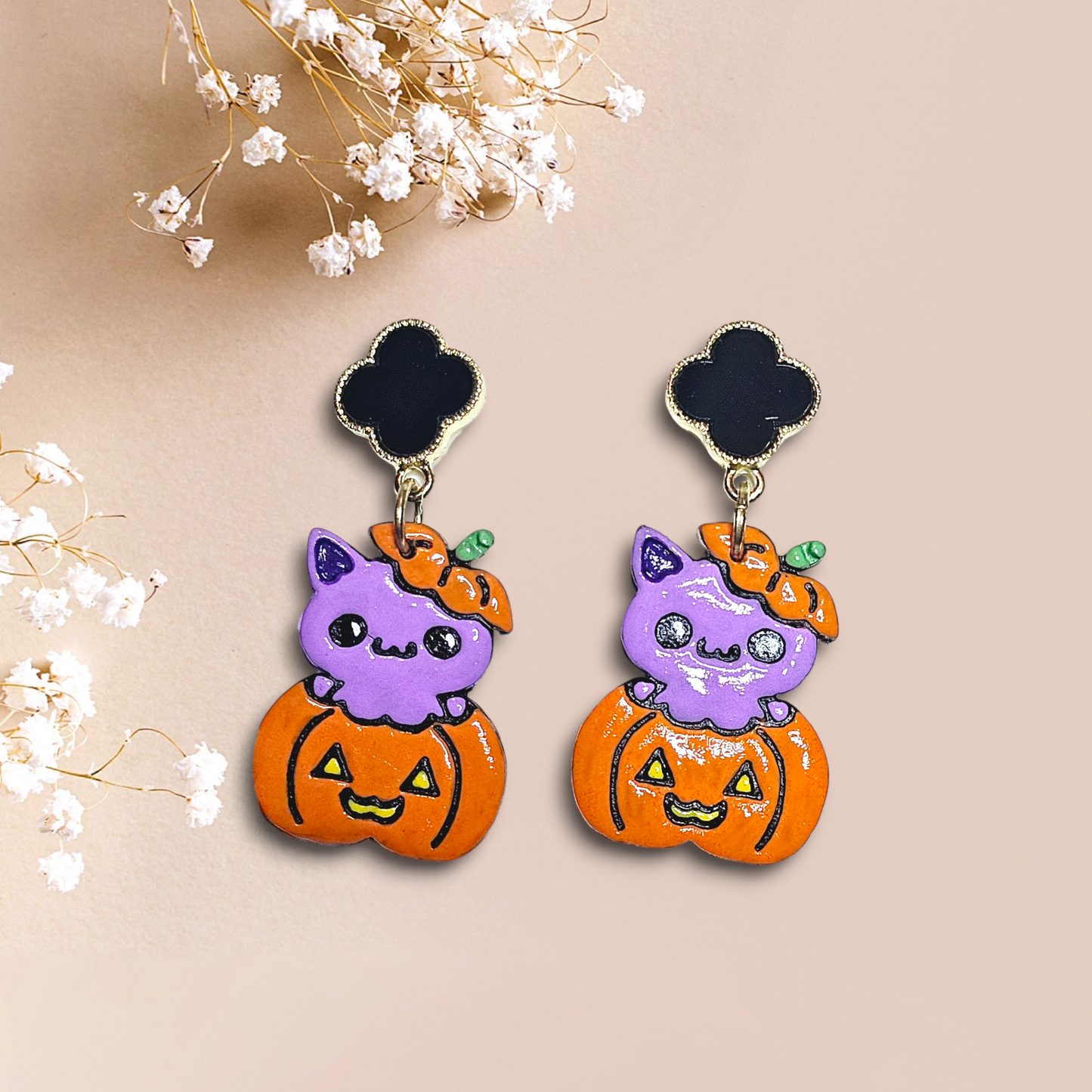 Cat in a Pumpkin Polymer Clay Earrings handmade pumpkin style