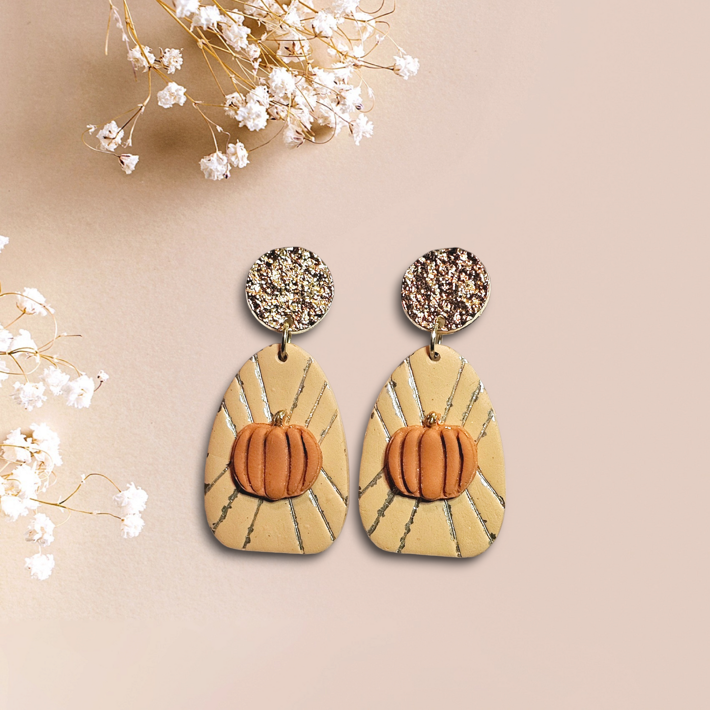 Deco Pumpkin With Gold - Polymer Clay Earrings fall design