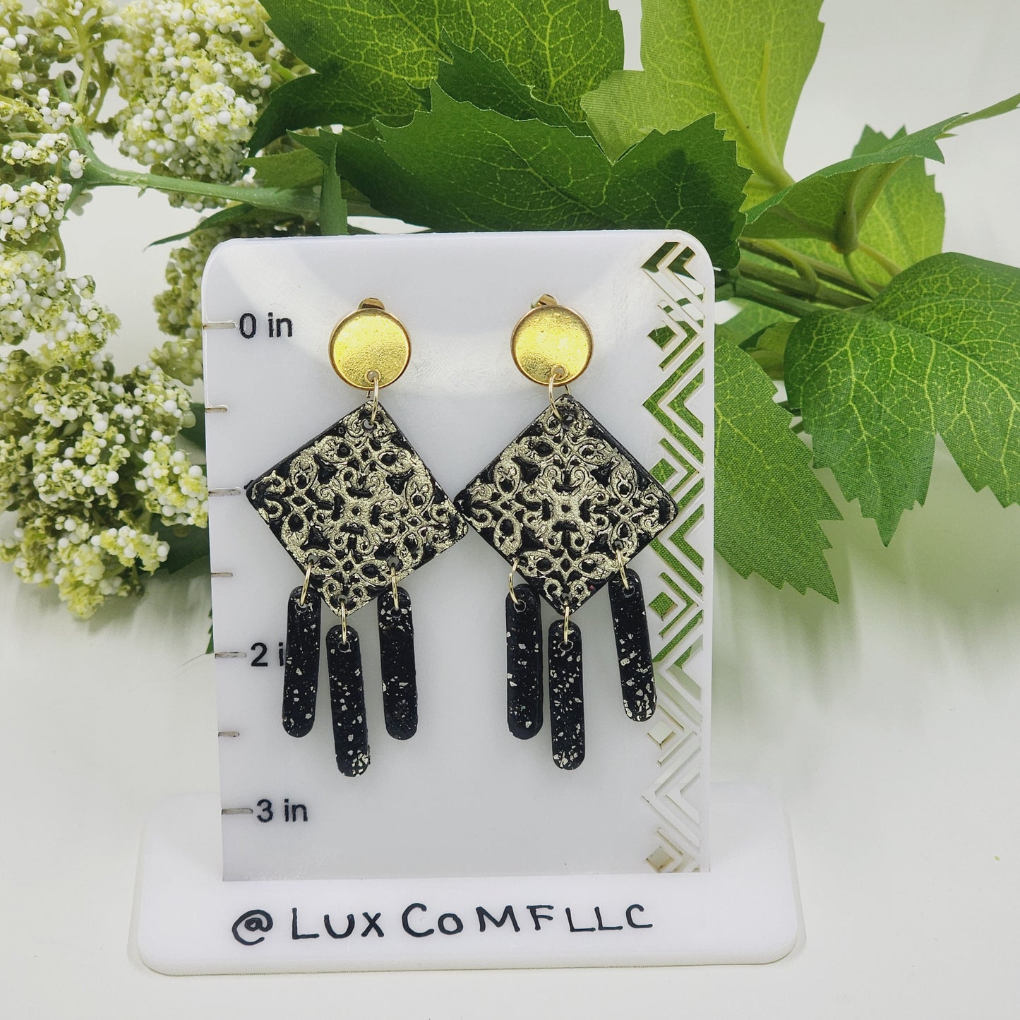 Gold and Black Dangle Earrings, Clay Earrings, Gifts For Her, Glam Earrings, Hypoallergenic Earrings, Lightweight Earrings, Mandala Earrings