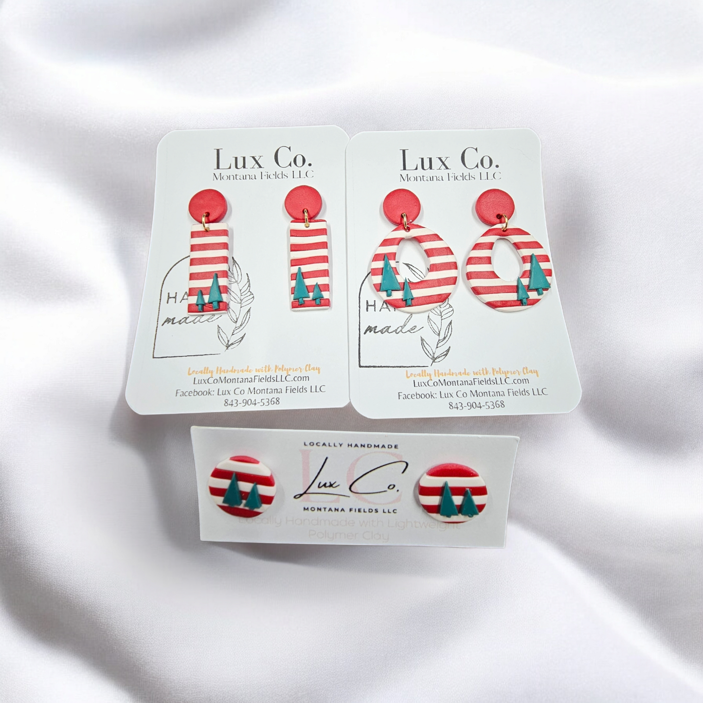 Red & White Striped with Tree's Handmade Earrings - Clay Earrings - Lightweight Earrings