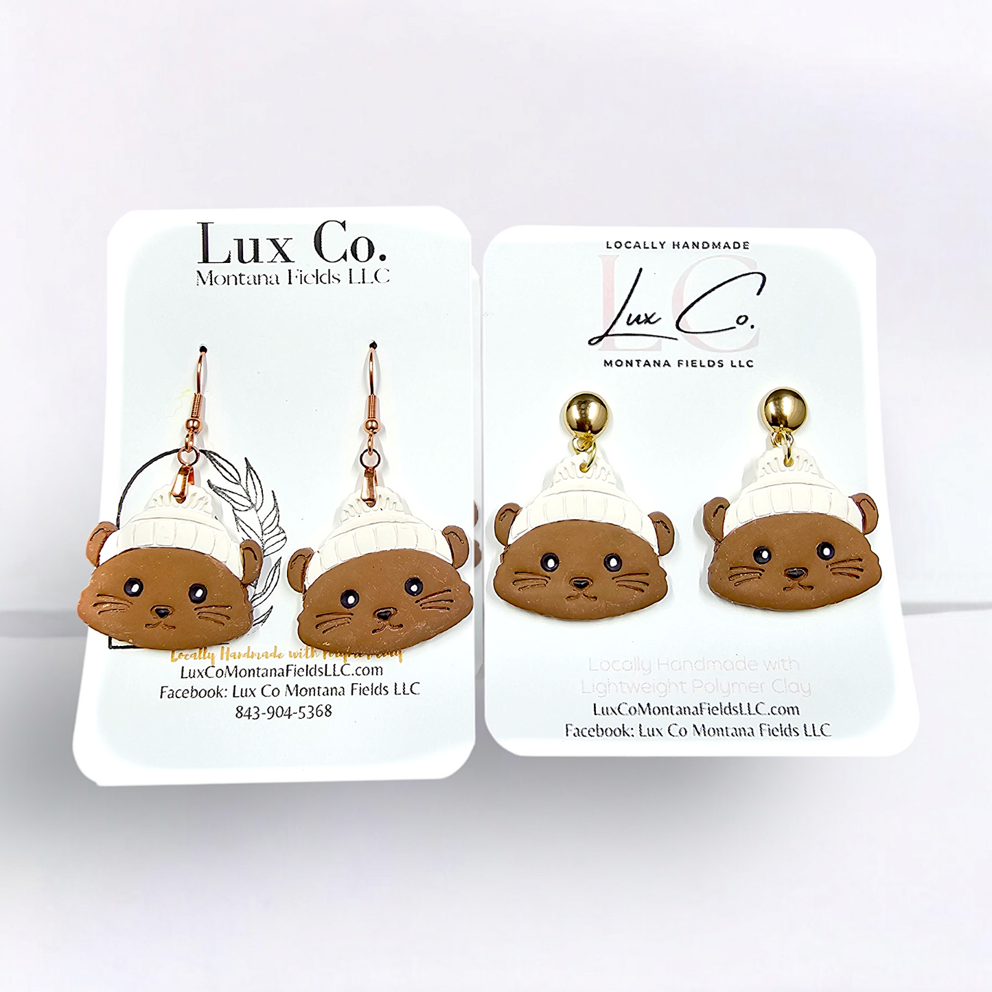 Otter with Beanie Handmade Earrings lightweight clay design