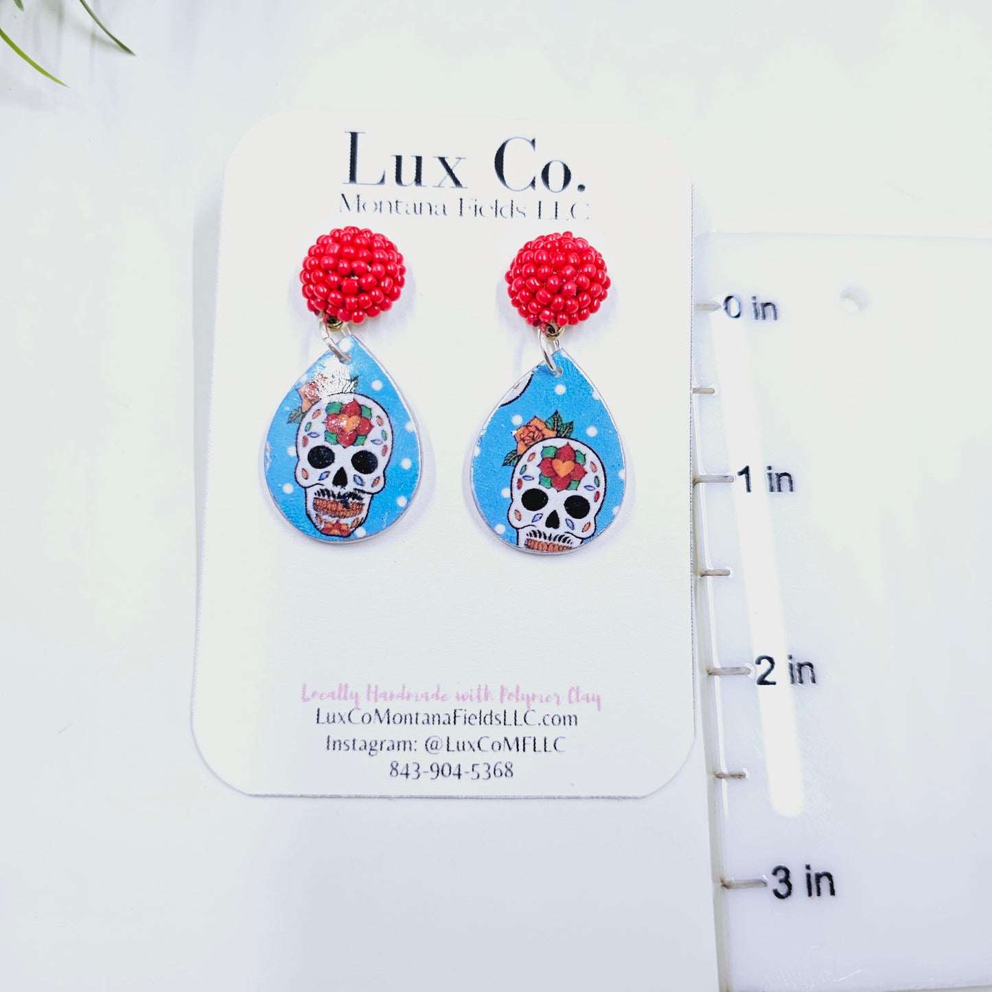 Sugar Skull Blue Polymer Clay Earrings Matte