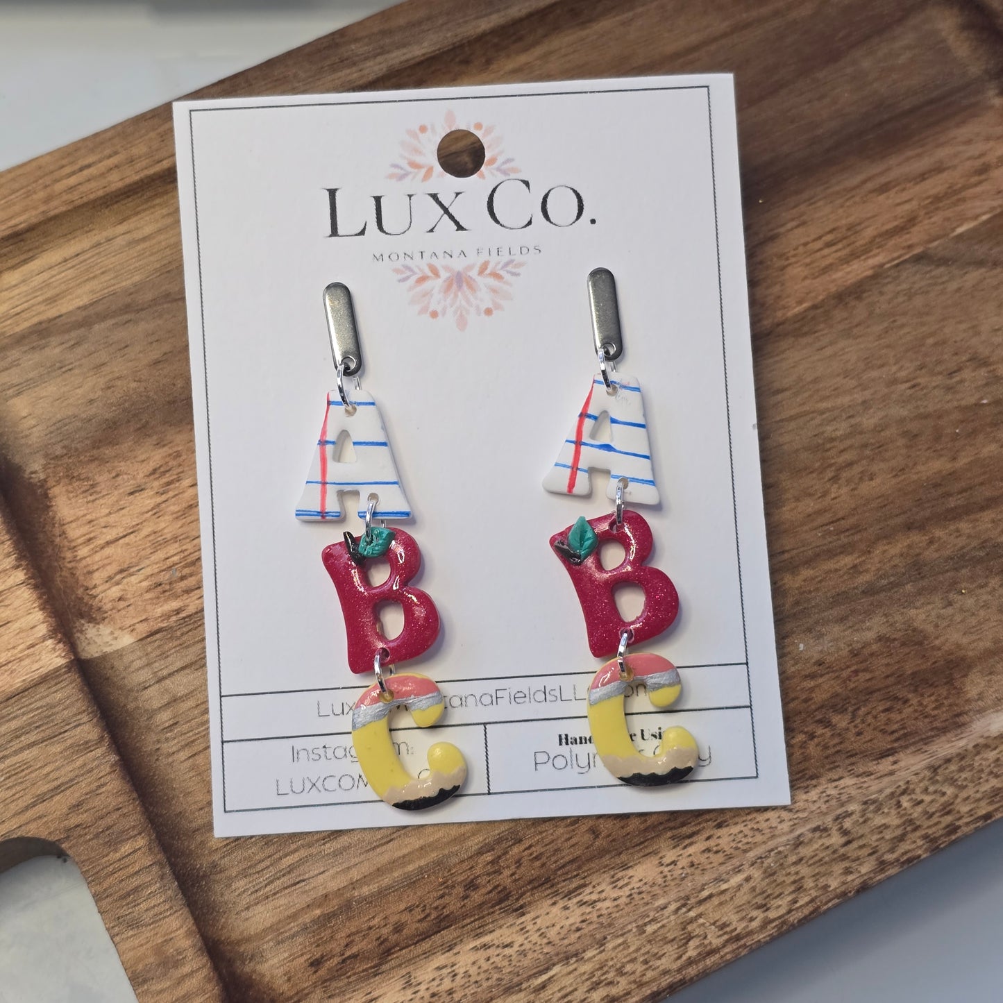 "ABC" Teaching Polymer Clay Earrings with apple and pencil detail