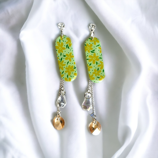 Handmade long green floral polymer clay earrings