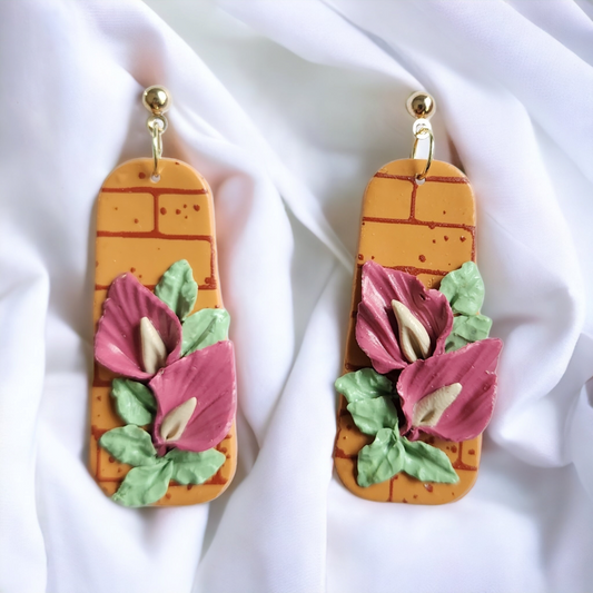 Handmade floral and brick polymer clay earrings