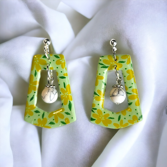 Handmade green floral polymer clay earrings