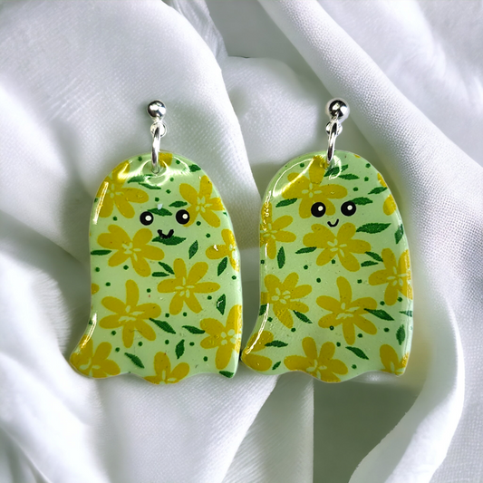 Handmade floral green ghost polymer clay earrings