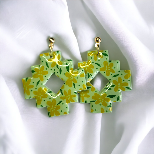 Handmade green with yellow flowers, polymer clay earrings