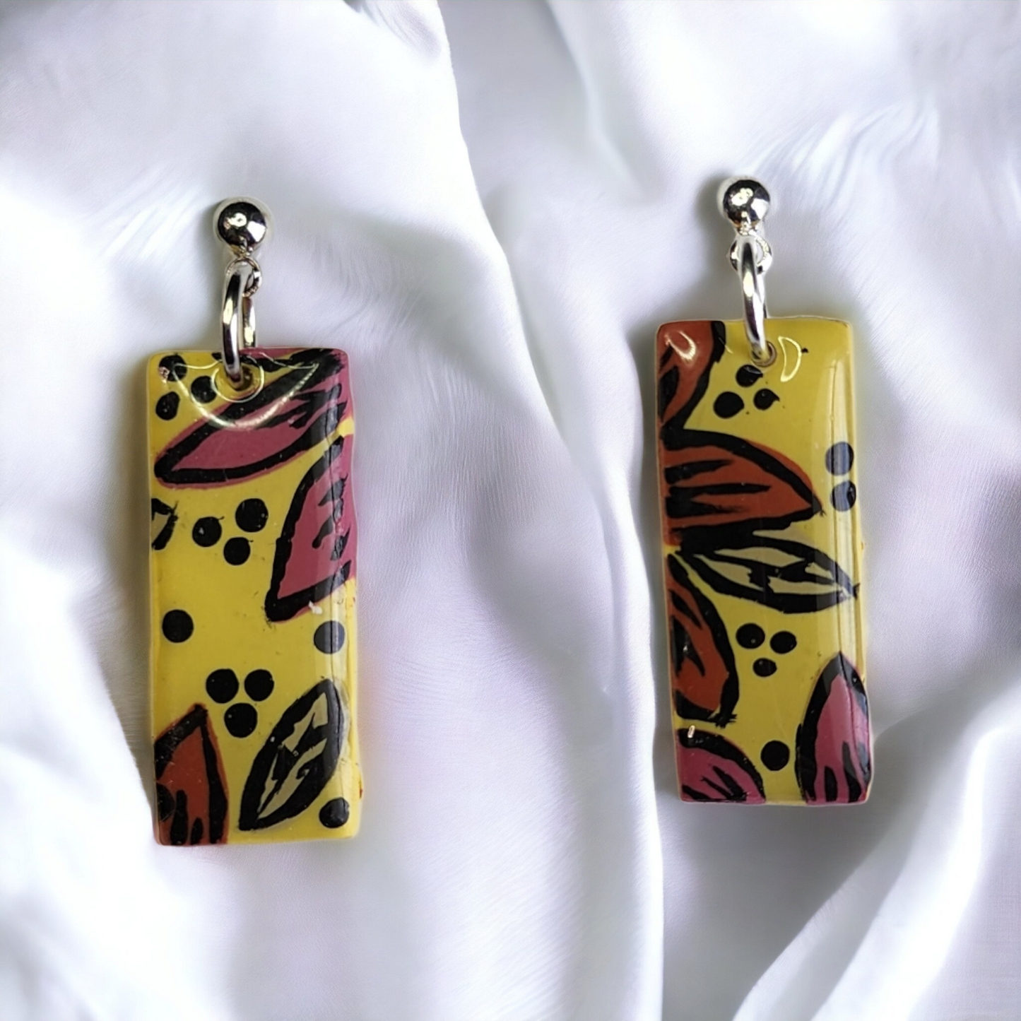 Handmade rectangle floral and yellow polymer clay earrings