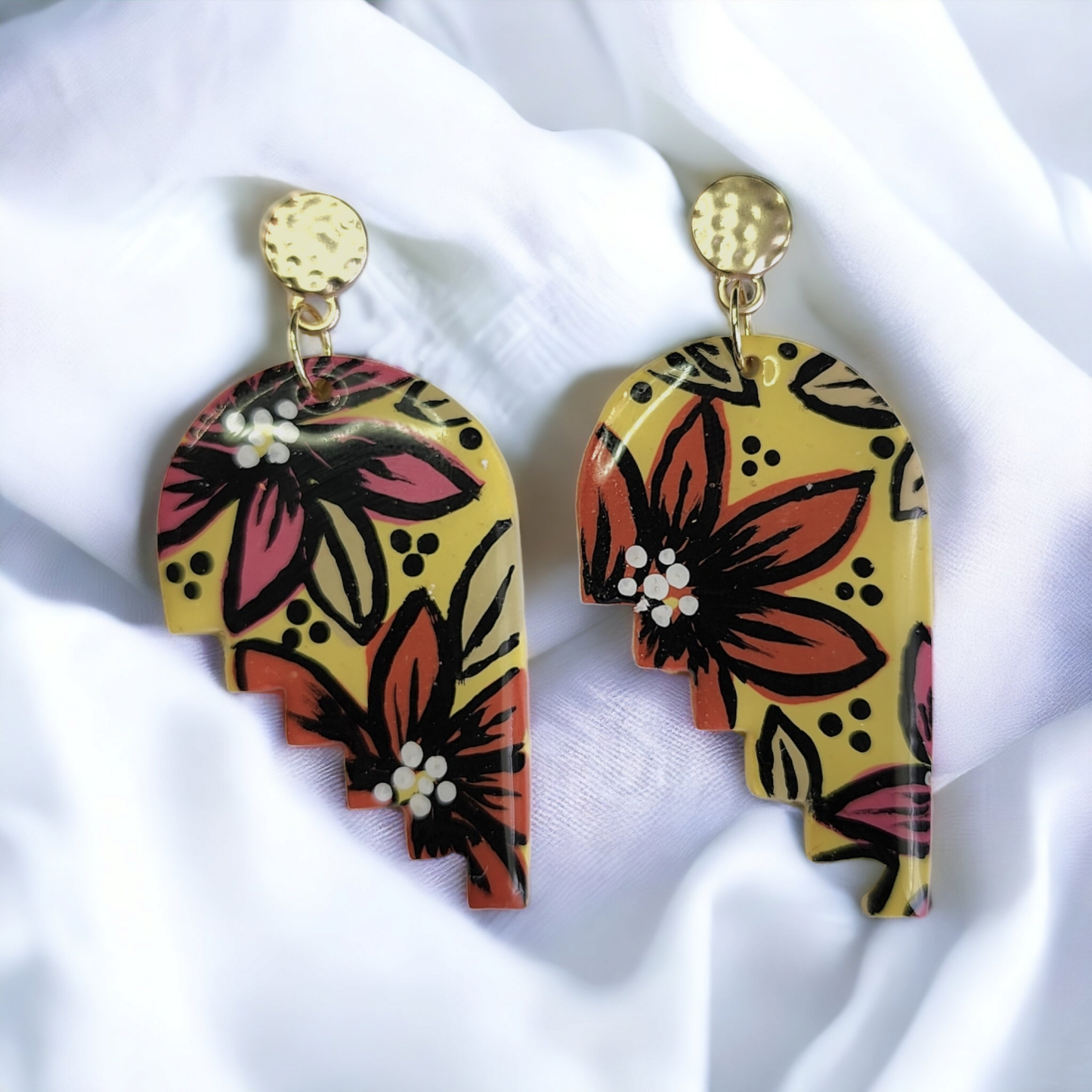 Handmade step style floral and yellow polymer clay earrings