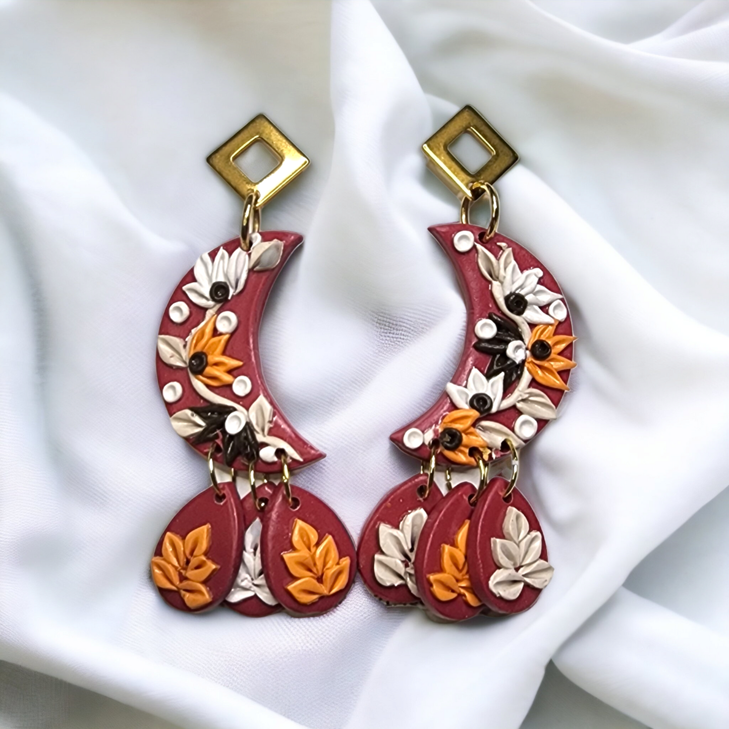 Handmade fall moon and flowers  polymer clay earrings