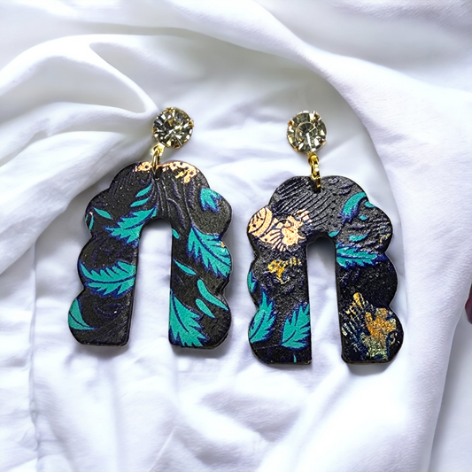 Handmade Blue formal design on black and gold background polymer flat earrings