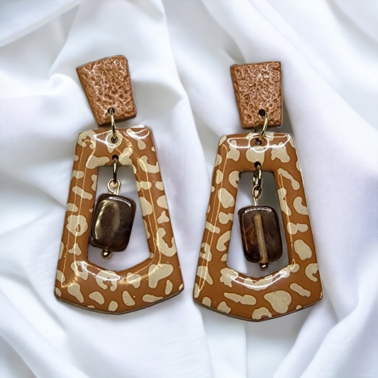 Handmade tan leopard print polymer clay earrings