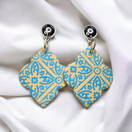 Handmade blue and cream polymer clay earrings