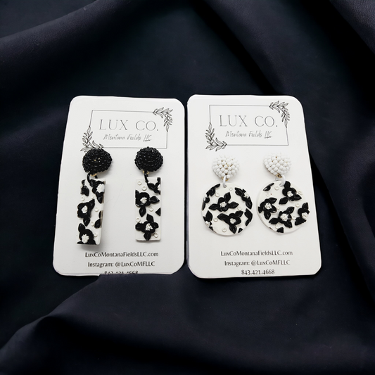 Black and White Floral Design Clay Earrings