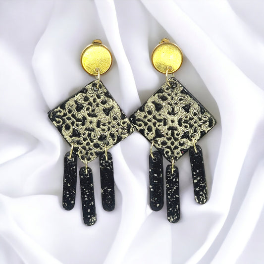 Gold and Black Dangle Earrings, Clay Earrings, Gifts For Her, Glam Earrings, Hypoallergenic Earrings, Lightweight Earrings, Mandala Earrings