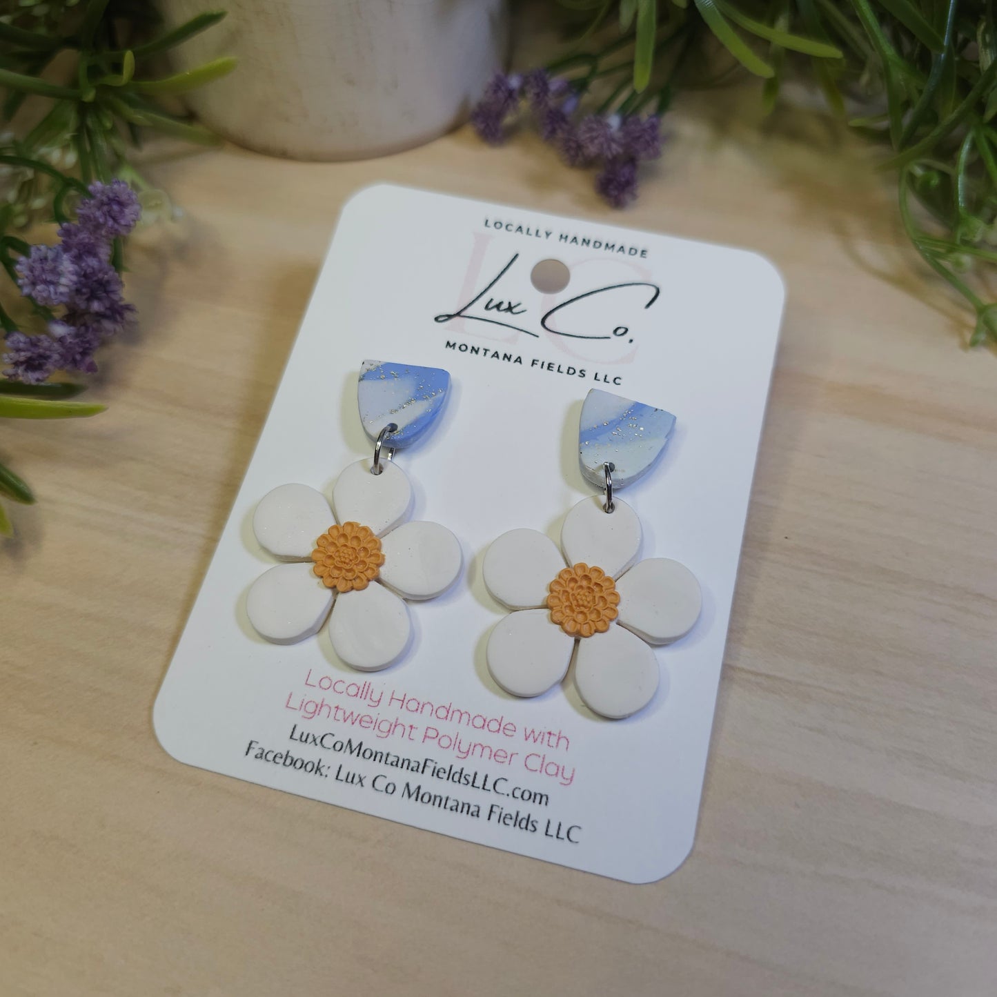 White Daisy with Blue Stud - Polymer Clay Earrings Handmade