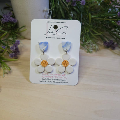 White Daisy with Blue Stud - Polymer Clay Earrings Handmade