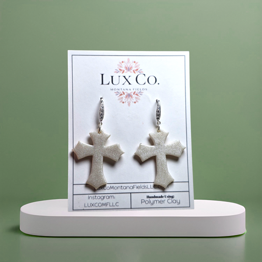 "Believe" White Shimmer Cross - Polymer Clay Earrings