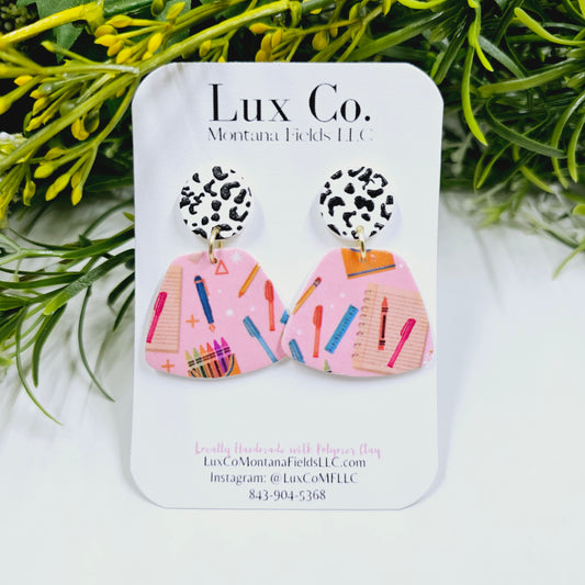 Pink School Supplies Polymer Clay Earrings