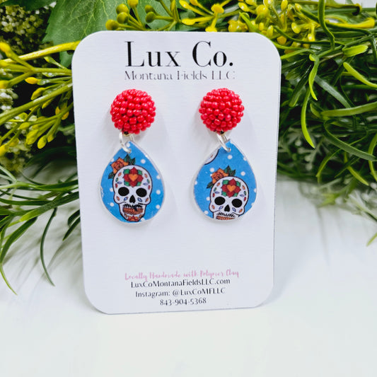 Sugar Skull  Blue Polymer Clay Earrings Matte