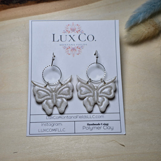 "Give me Butterflies" White Shimmer Butterfly - Polymer Clay Earrings