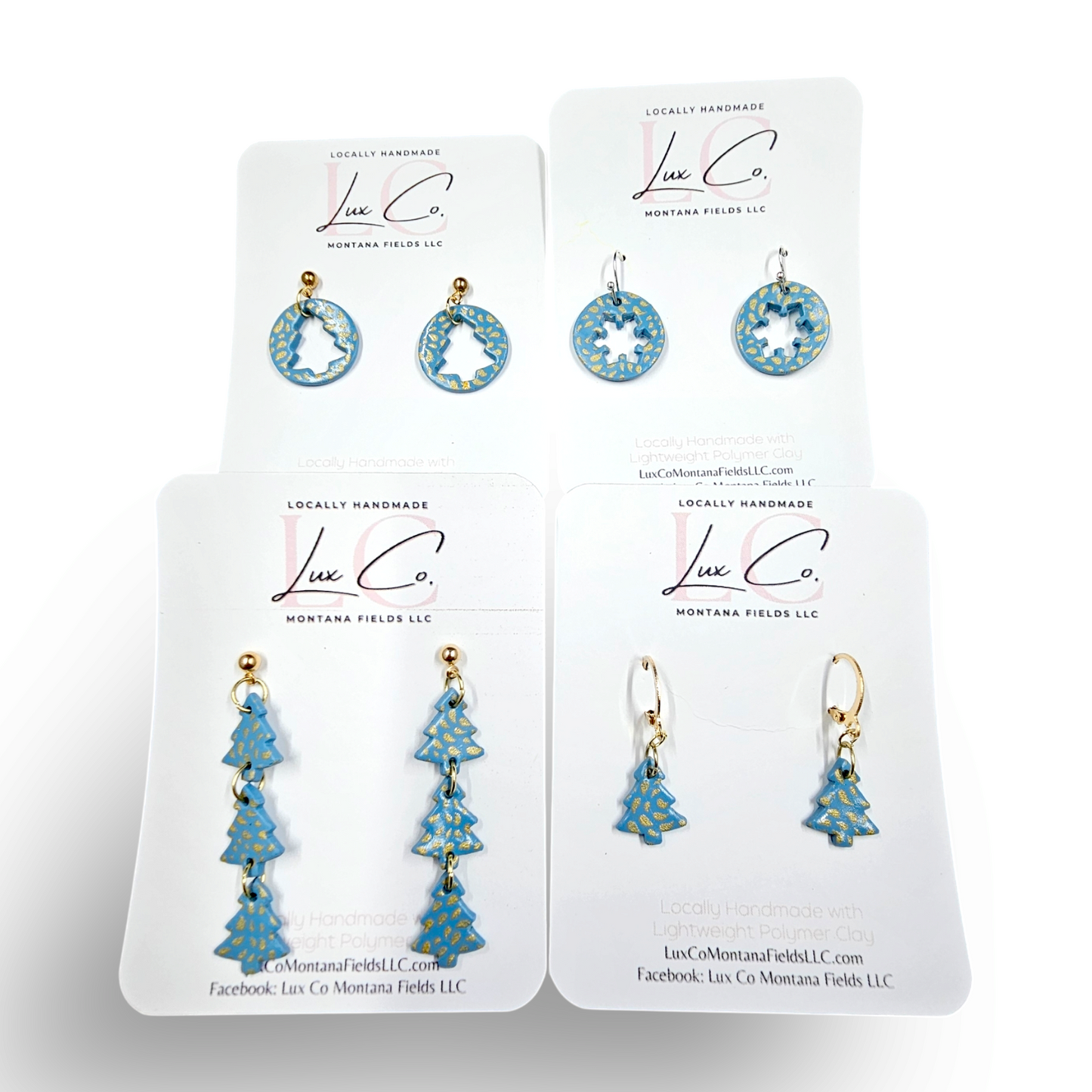 Blue and Gold Christmas Trees Handmade Earrings - Clay Earrings - Lightweight Earrings